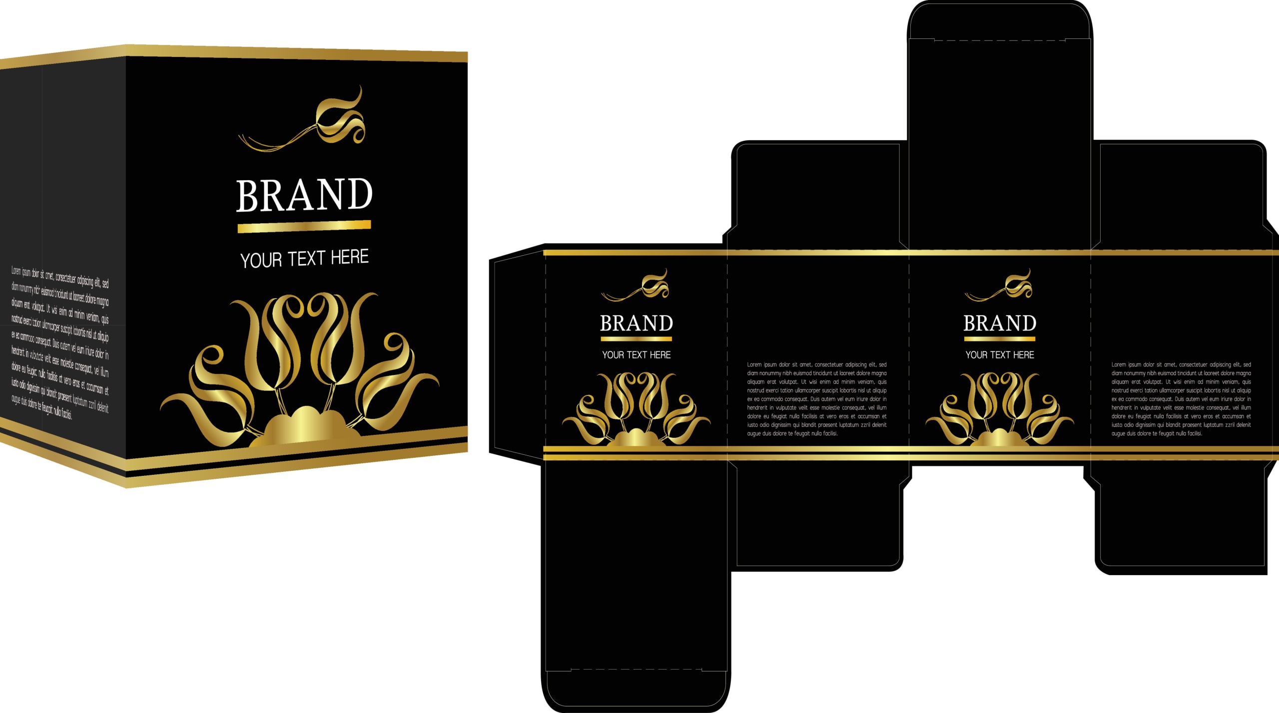 Packaging design, black and gold luxury box design template and mockup box. Illustration vector.